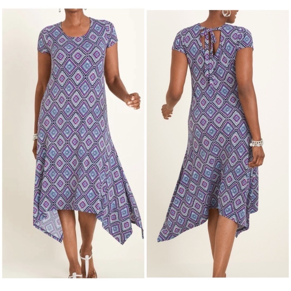 Chico's Geometric Print Stretch Asymmetrical Hem Midi Dress Tribal Boho 12